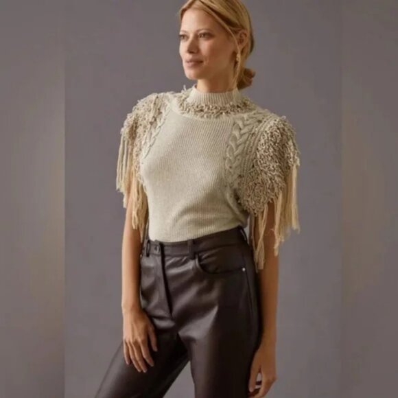 Anthropologie Aphrodite Fringe Embellished Embroidered Open Back Tee Top Sweater - Picture 2 of 11